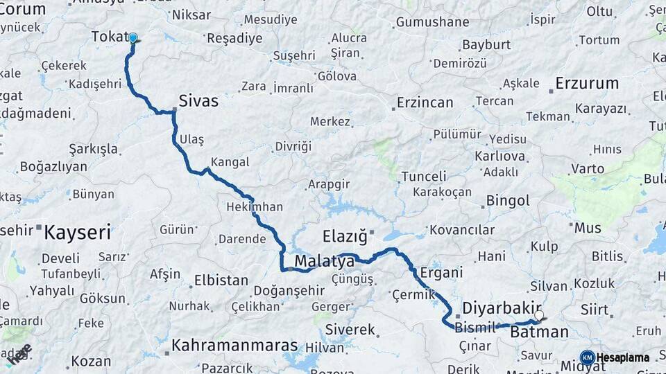 Tokat Batman Arası Kaç Km - Yol Haritası