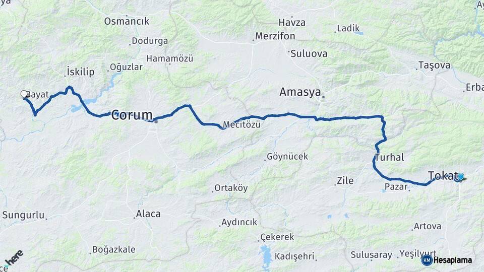 Tokat Bayat Çorum Arası Kaç Km - Yol Haritası