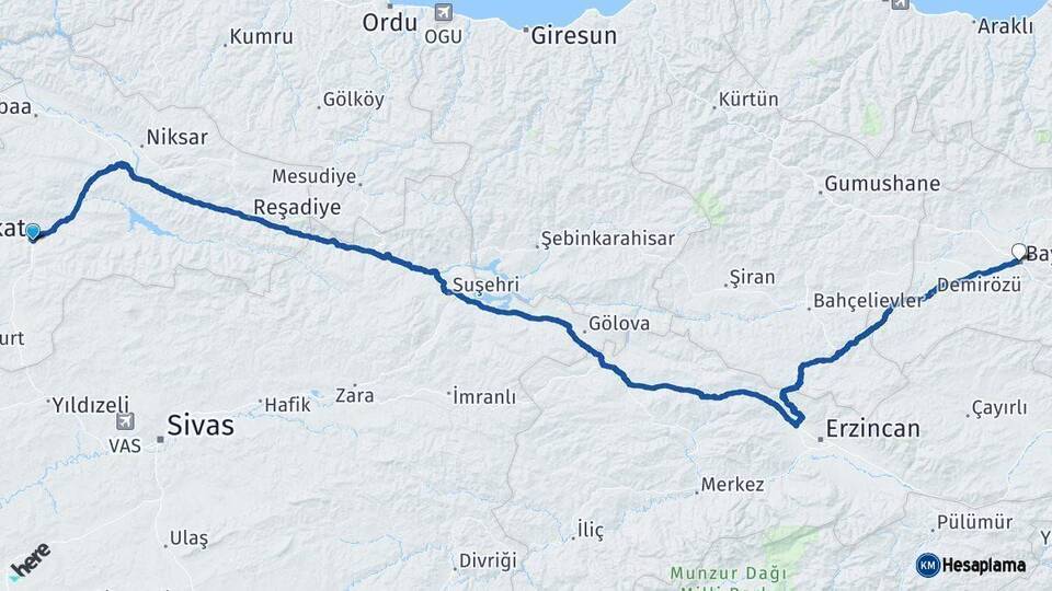 Tokat Bayburt Arası Kaç Km - Yol Haritası