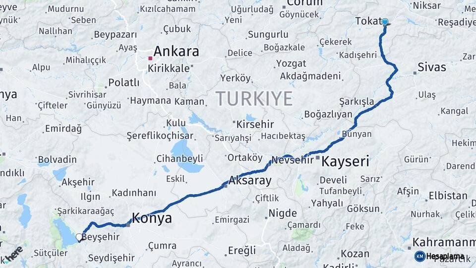 Tokat Beyşehir Konya Arası Kaç Km - Yol Haritası