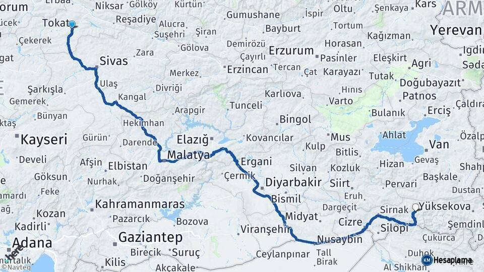 Tokat Beytüşşebap Şırnak Arası Kaç Km - Yol Haritası