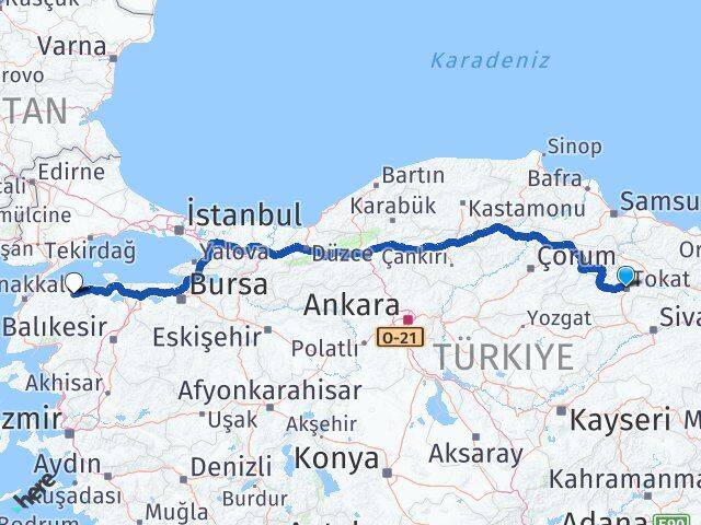 Tokat Biga Çanakkale Arası Kaç Km - Yol Haritası