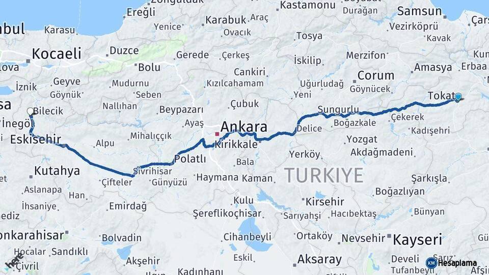 Tokat Bilecik Arası Kaç Km - Yol Haritası