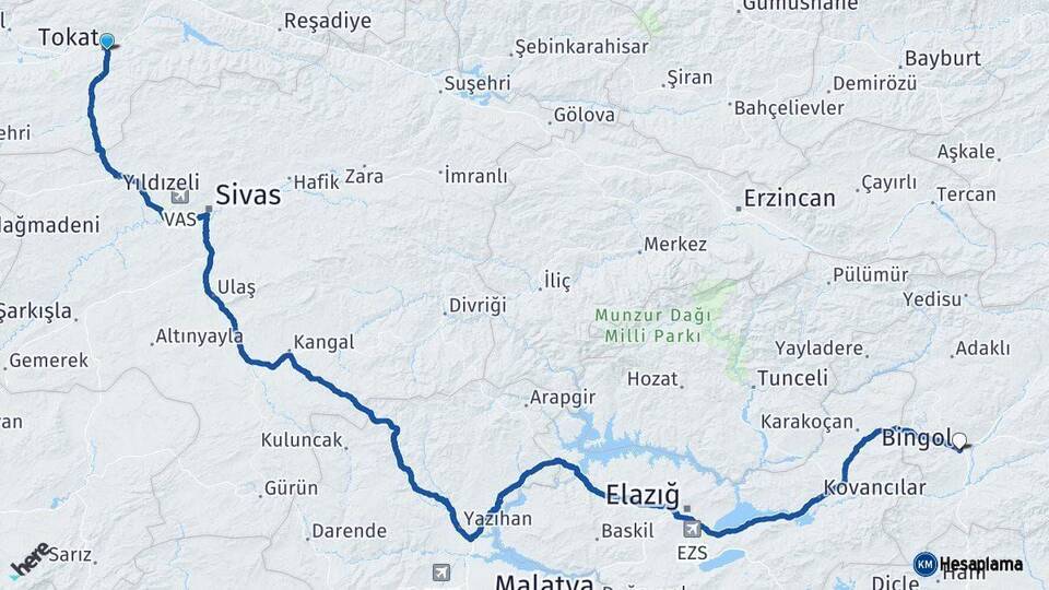 Tokat Bingöl Arası Kaç Km - Yol Haritası