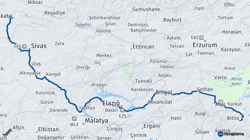 Tokat Bitlis Arası Kaç Km - Yol Haritası