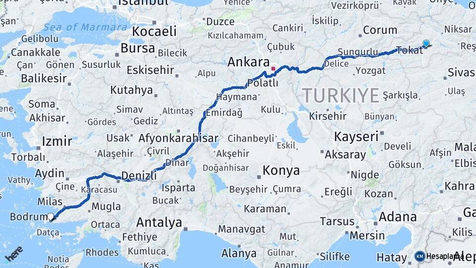 Tokat Bodrum Muğla Arası Kaç Km - Yol Haritası
