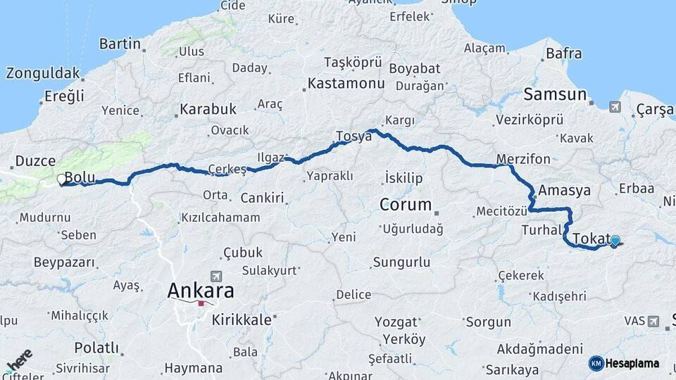 Tokat Bolu Arası Kaç Km - Yol Haritası