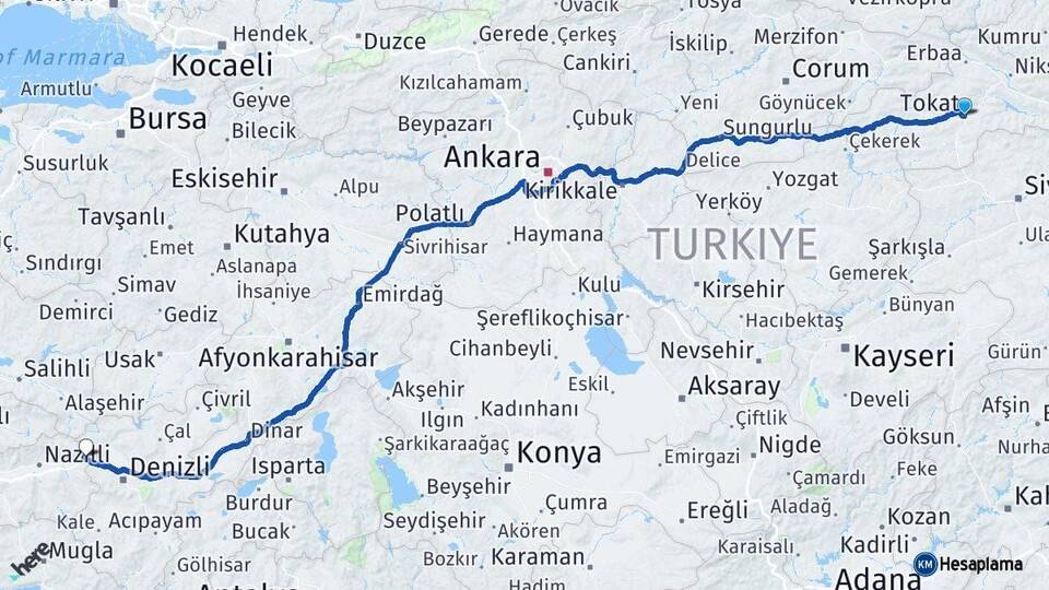 Tokat Buharkent Aydın Arası Kaç Km - Yol Haritası