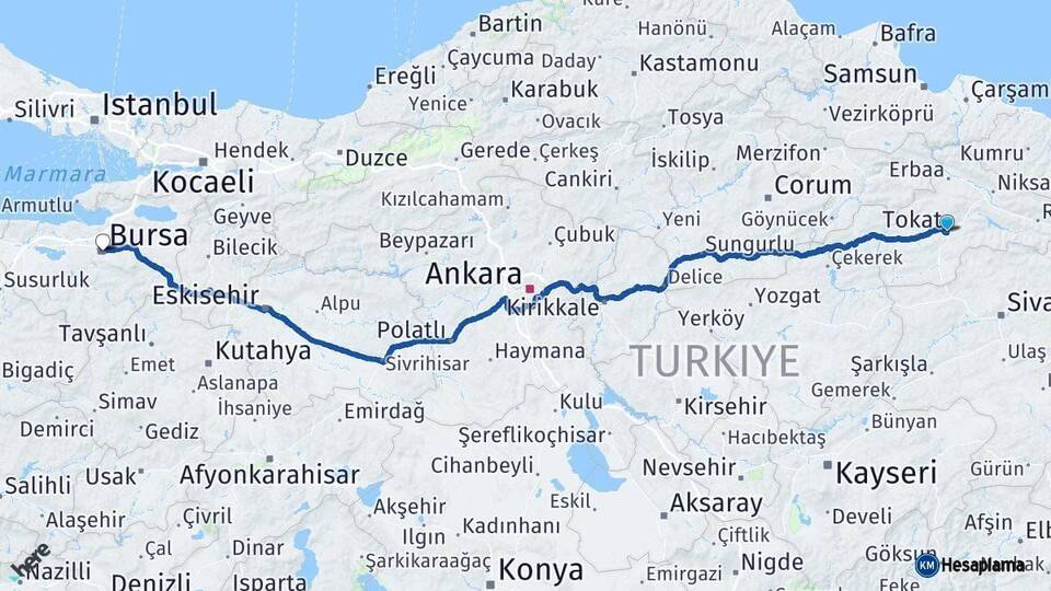 Tokat Bursa Arası Kaç Km - Yol Haritası