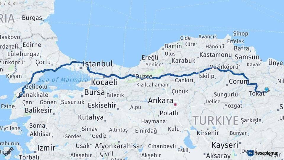 Tokat Çanakkale Arası Kaç Km - Yol Haritası
