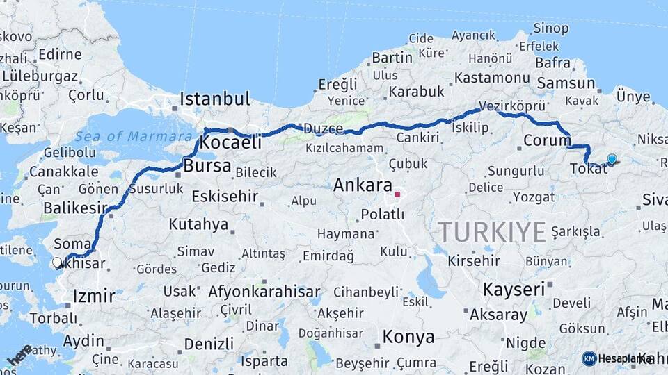 Tokat Çandarlı Dikili İzmir Arası Kaç Km - Yol Haritası