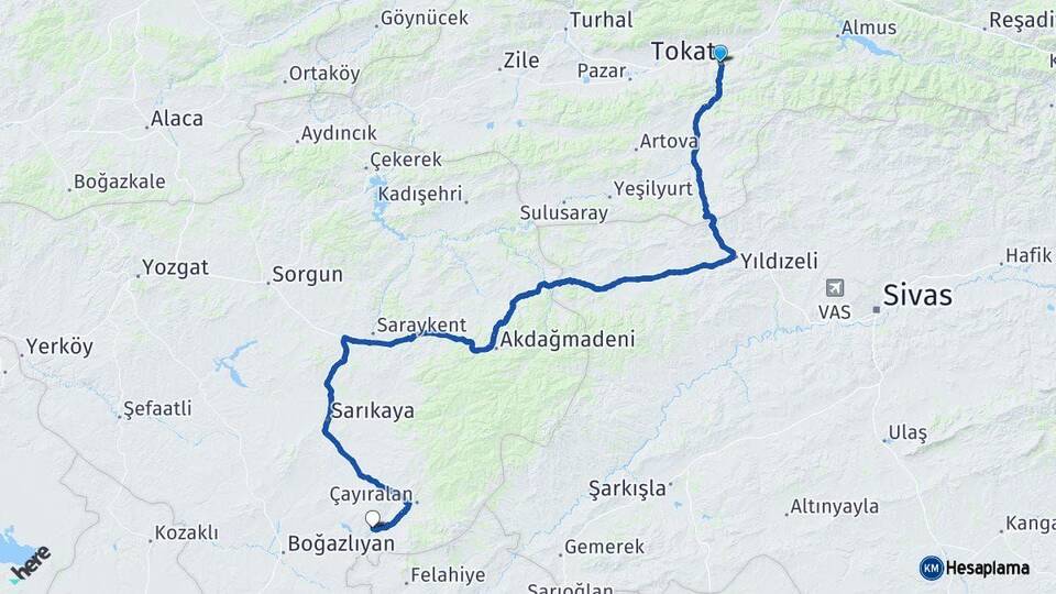 Tokat Çandır Yozgat Arası Kaç Km - Yol Haritası