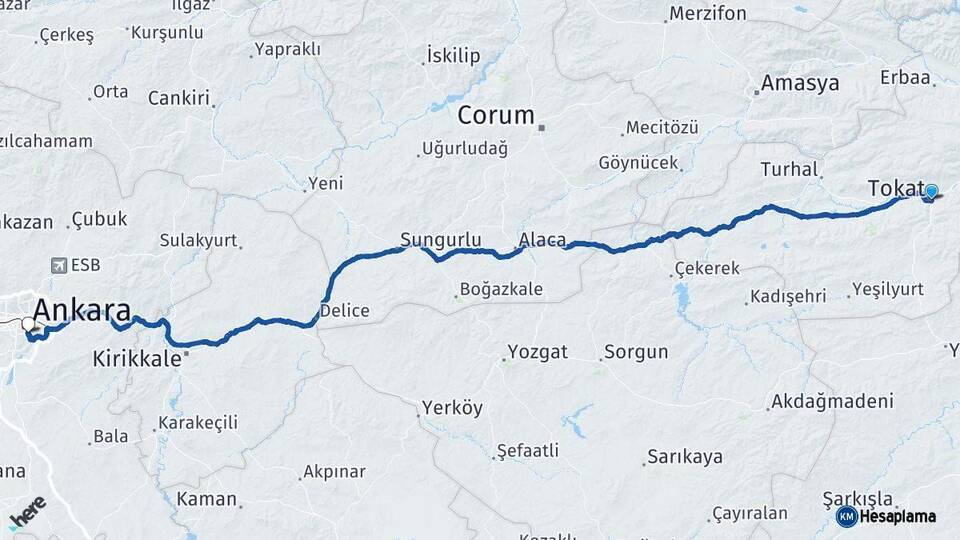 Tokat Çankaya Ankara Arası Kaç Km - Yol Haritası