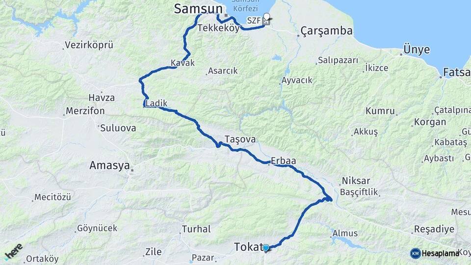 Tokat Çarşamba Havalimanı Arası Kaç Km - Yol Haritası
