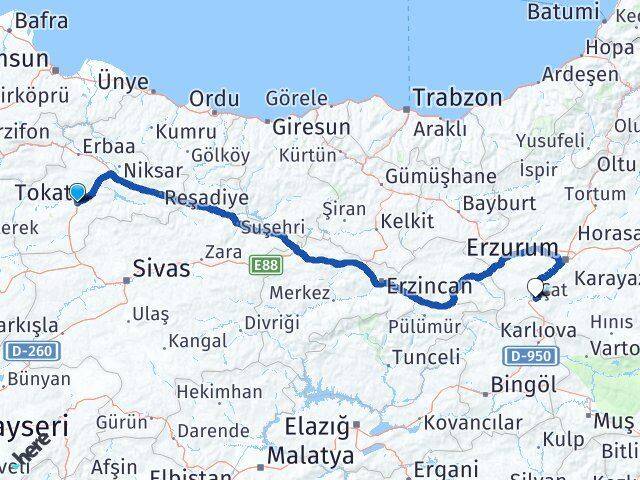 Tokat Çat Erzurum Arası Kaç Km - Yol Haritası