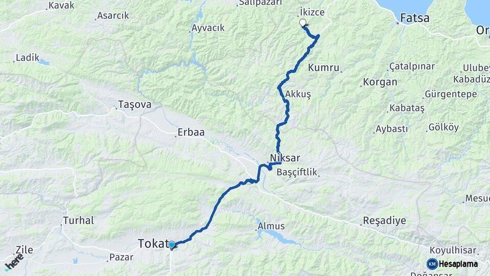 Tokat Çaybaşı Ordu Arası Kaç Km - Yol Haritası