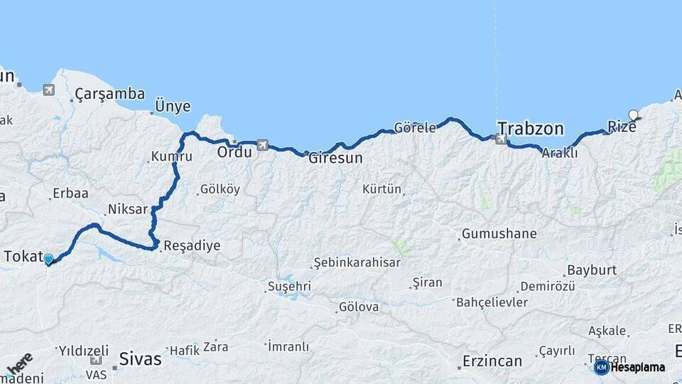 Tokat Çayeli Rize Arası Kaç Km - Yol Haritası