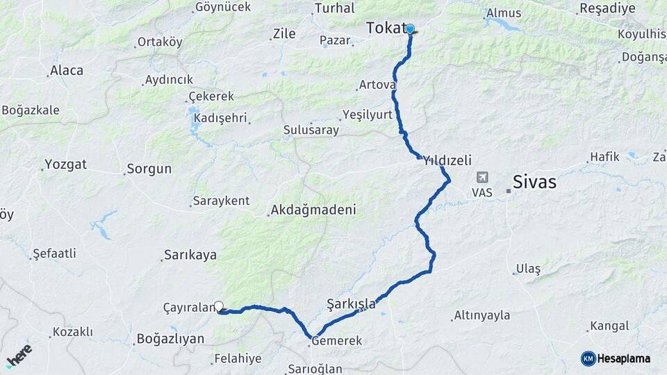 Tokat Çayıralan Yozgat Arası Kaç Km - Yol Haritası