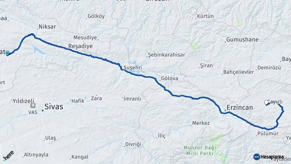Tokat Çayırlı Erzincan Arası Kaç Km - Yol Haritası