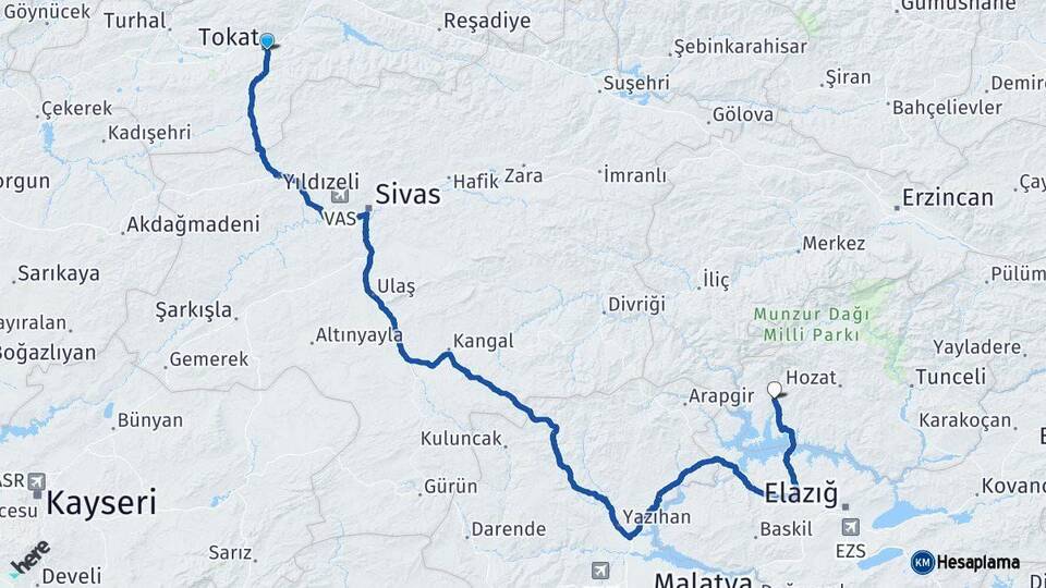 Tokat Çemişgezek Tunceli Arası Kaç Km - Yol Haritası