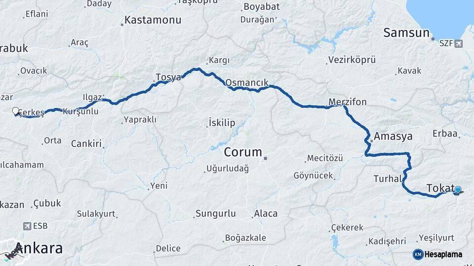 Tokat Çerkeş Çankırı Arası Kaç Km - Yol Haritası