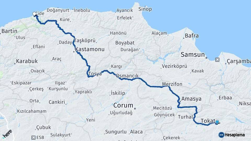 Tokat Cide Kastamonu Arası Kaç Km - Yol Haritası