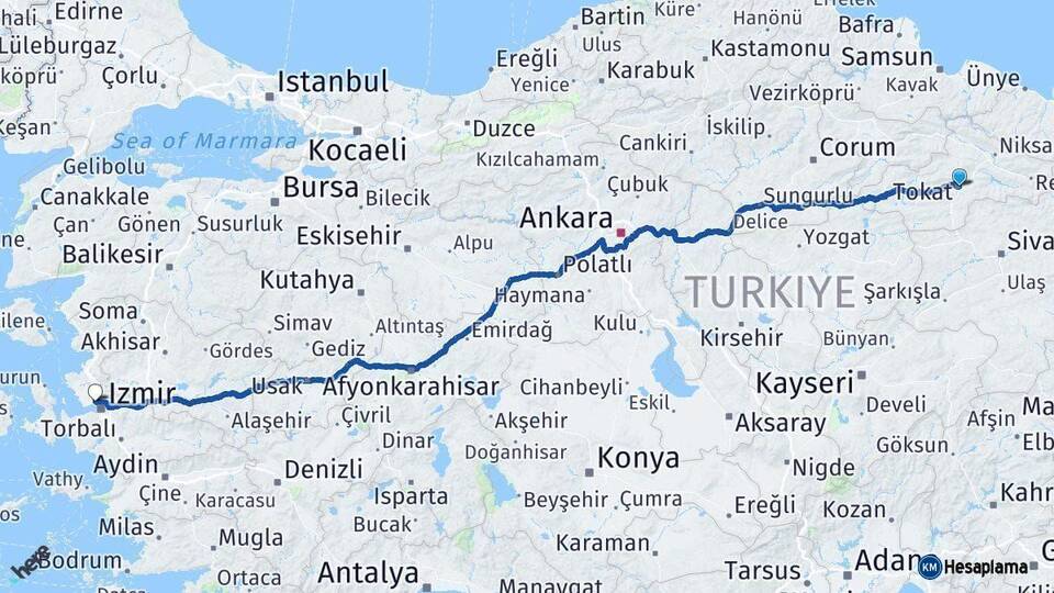 Tokat Çiğli İzmir Arası Kaç Km - Yol Haritası