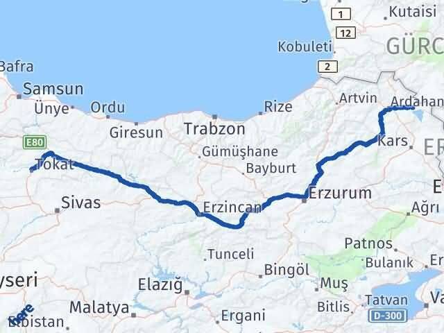 Tokat Çıldır Ardahan Arası Kaç Km - Yol Haritası