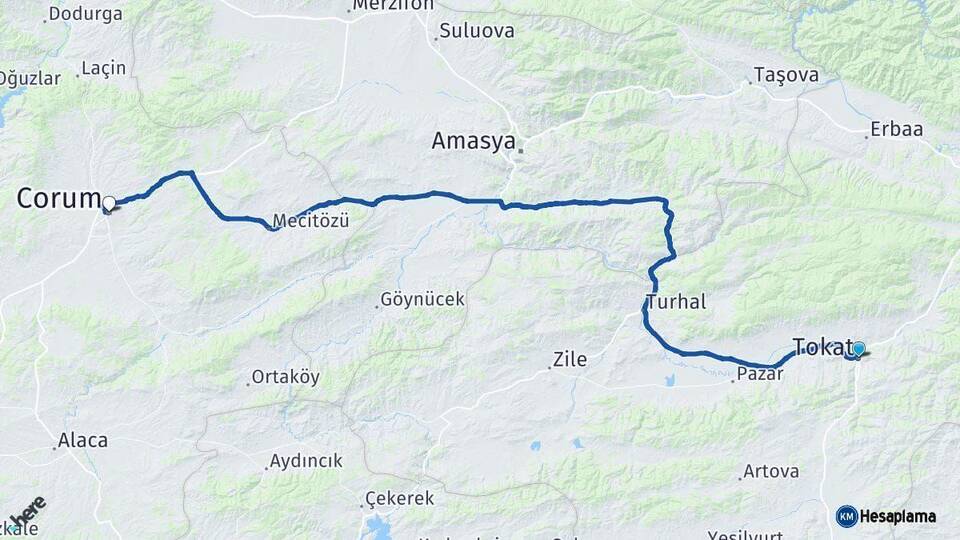 Tokat Çorum Arası Kaç Km - Yol Haritası
