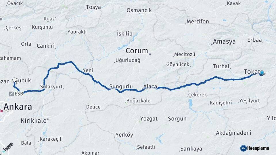 Tokat Çubuk Ankara Arası Kaç Km - Yol Haritası