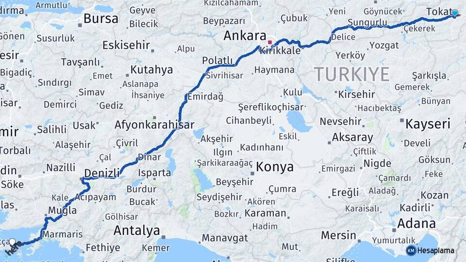 Tokat Datça Muğla Arası Kaç Km - Yol Haritası