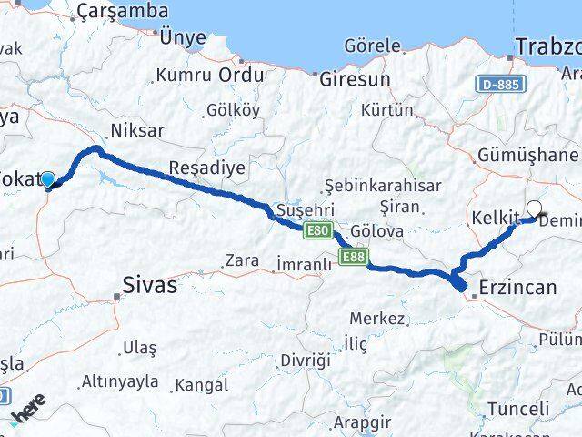 Tokat Demirözü Bayburt Arası Kaç Km - Yol Haritası