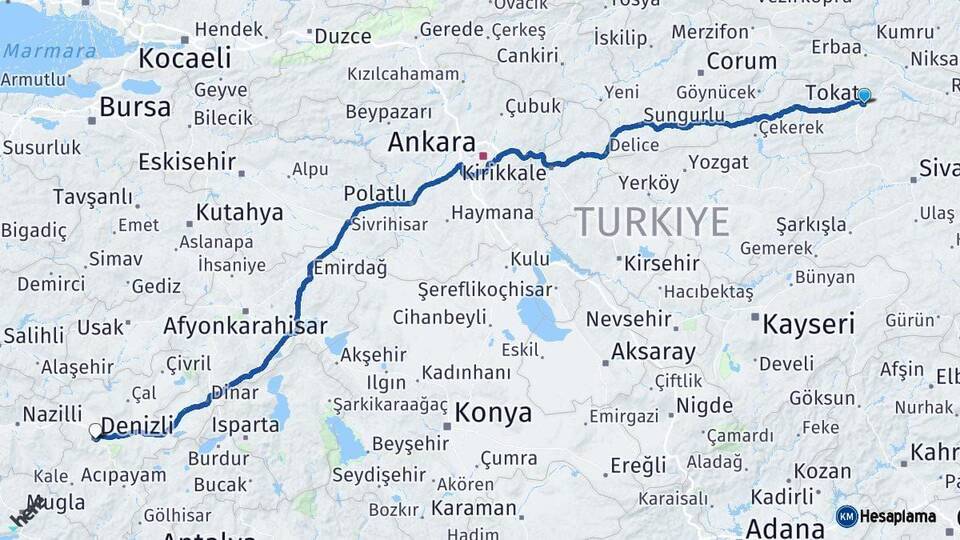 Tokat Denizli Arası Kaç Km - Yol Haritası