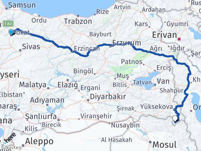 Tokat Derecik Hakkari Arası Kaç Km - Yol Haritası