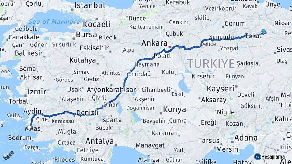 Tokat Didim Aydın Arası Kaç Km - Yol Haritası