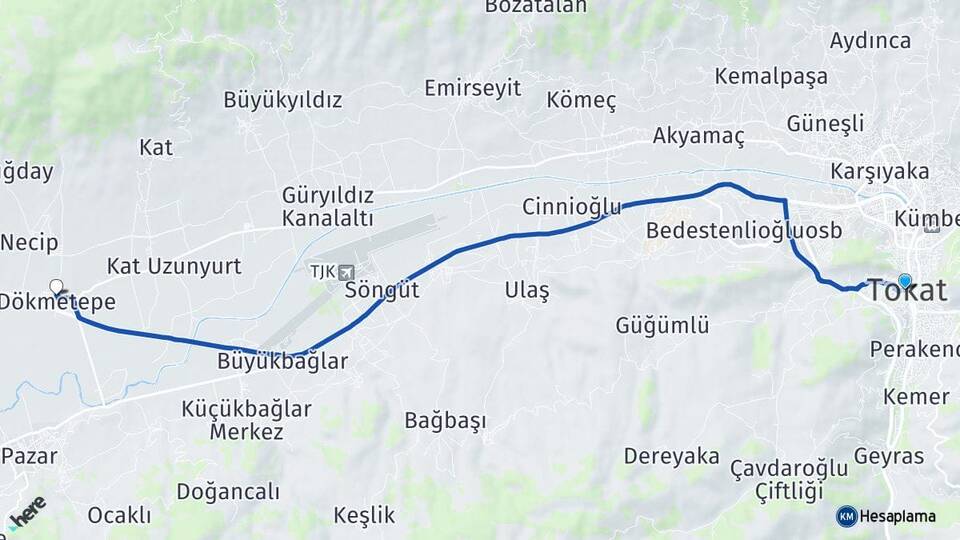 Tokat Dökmetepe Turhal Arası Kaç Km - Yol Haritası