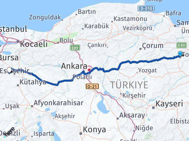 Tokat Domaniç Kütahya Arası Kaç Km - Yol Haritası