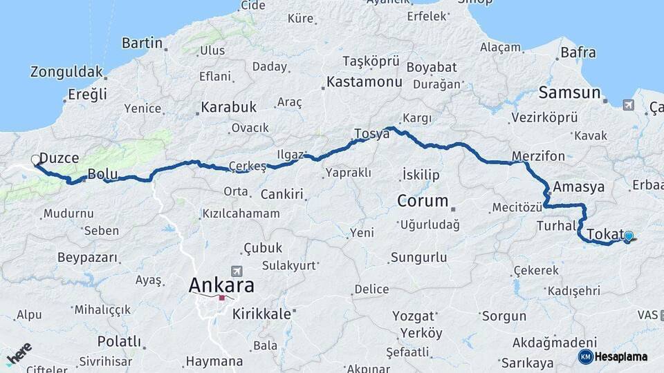 Tokat Düzce Arası Kaç Km - Yol Haritası