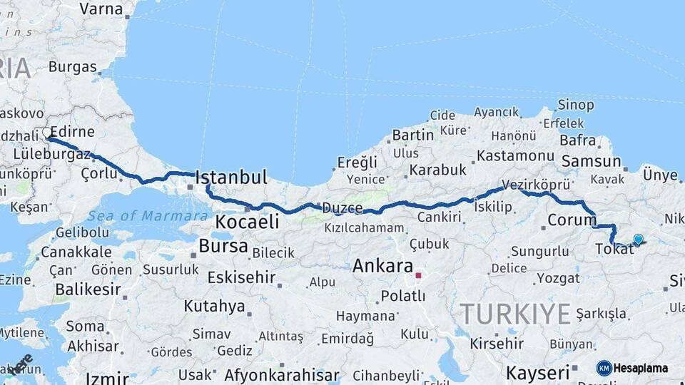 Tokat Edirne Arası Kaç Km - Yol Haritası