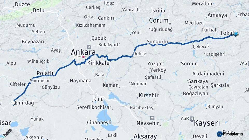 Tokat Emirdağ Afyonkarahisar Arası Kaç Km - Yol Haritası
