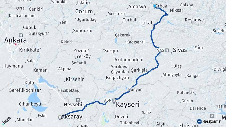 Tokat Erbaa Aksaray Arası Kaç Km - Yol Haritası