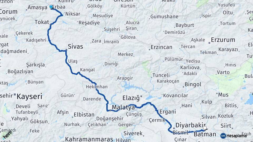 Tokat Erbaa Batman Arası Kaç Km - Yol Haritası