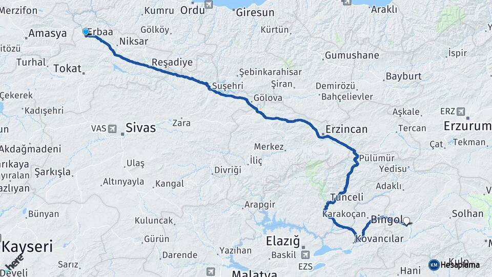 Tokat Erbaa Bingöl Arası Kaç Km - Yol Haritası