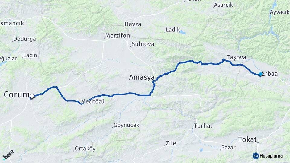 Tokat Erbaa Çorum Arası Kaç Km - Yol Haritası