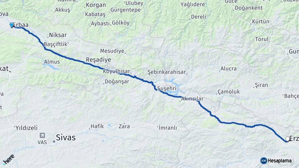 Tokat Erbaa Erzincan Arası Kaç Km - Yol Haritası