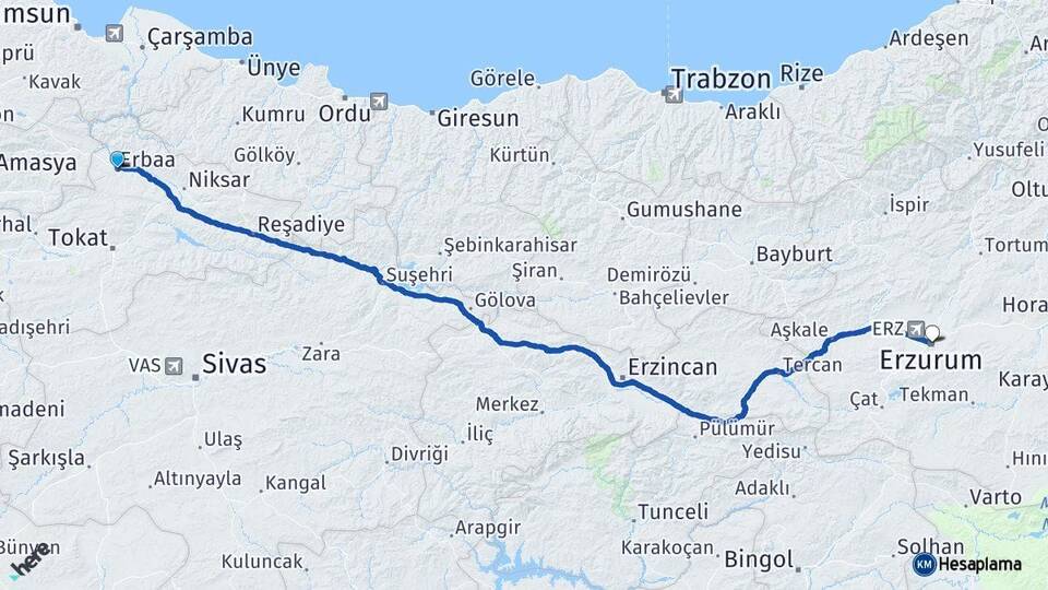 Tokat Erbaa Erzurum Arası Kaç Km - Yol Haritası
