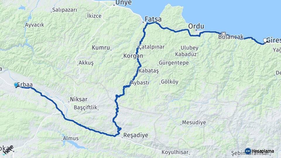 Tokat Erbaa Giresun Arası Kaç Km - Yol Haritası