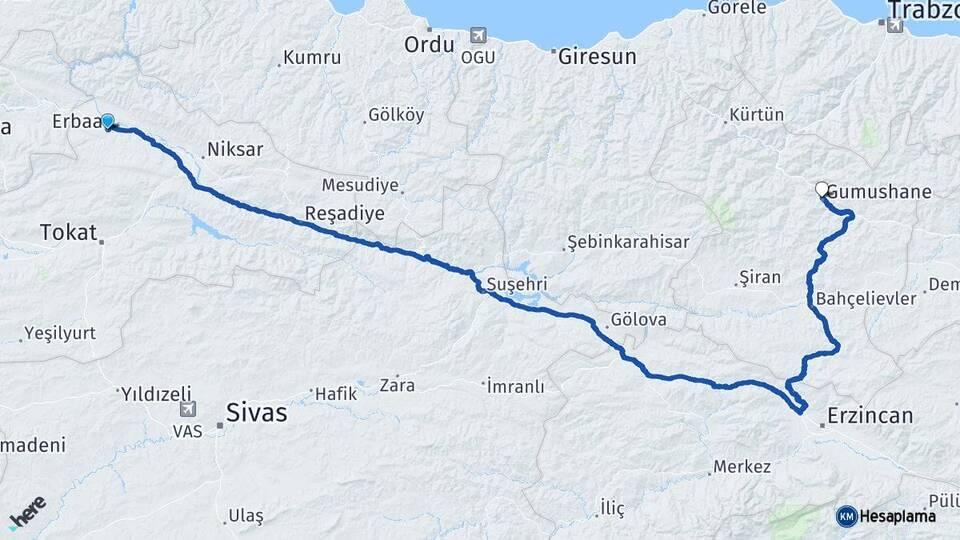 Tokat Erbaa Gümüşhane Arası Kaç Km - Yol Haritası