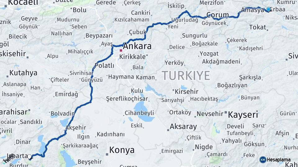 Tokat Erbaa Isparta Arası Kaç Km - Yol Haritası