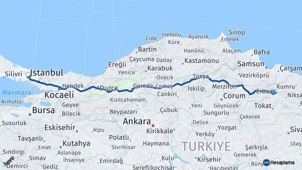 Erbaa İstanbul Arası Kaç Km - Yol Tarifi